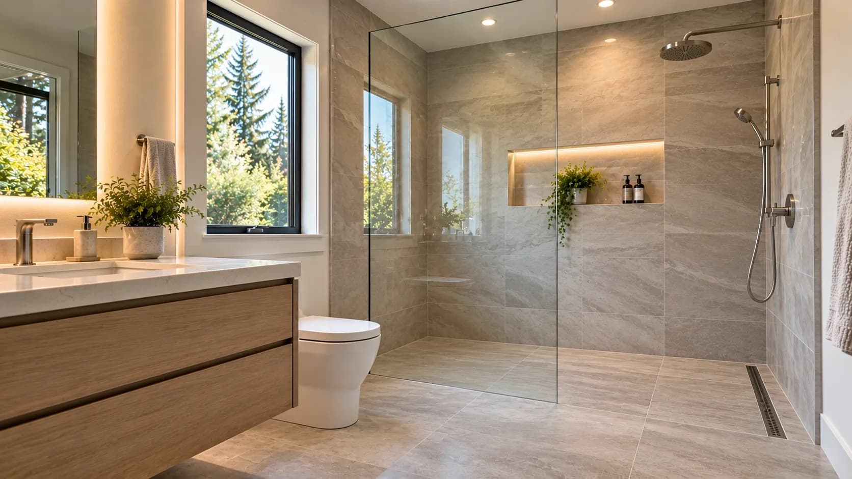Contemporary curbless shower with continuous floor tiles and a linear drain.