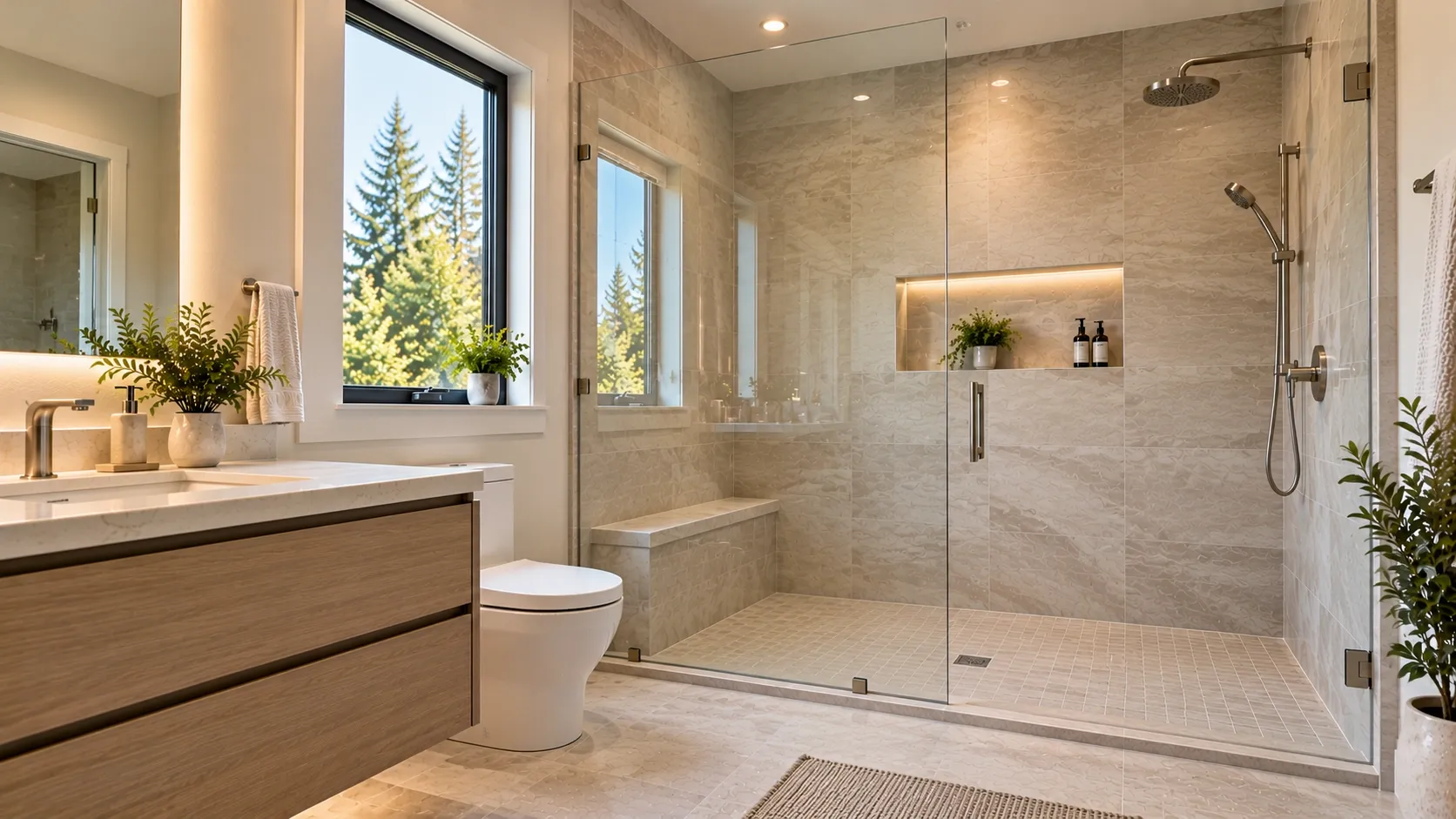Modern walk-in shower with a frameless glass enclosure and neutral tiles.