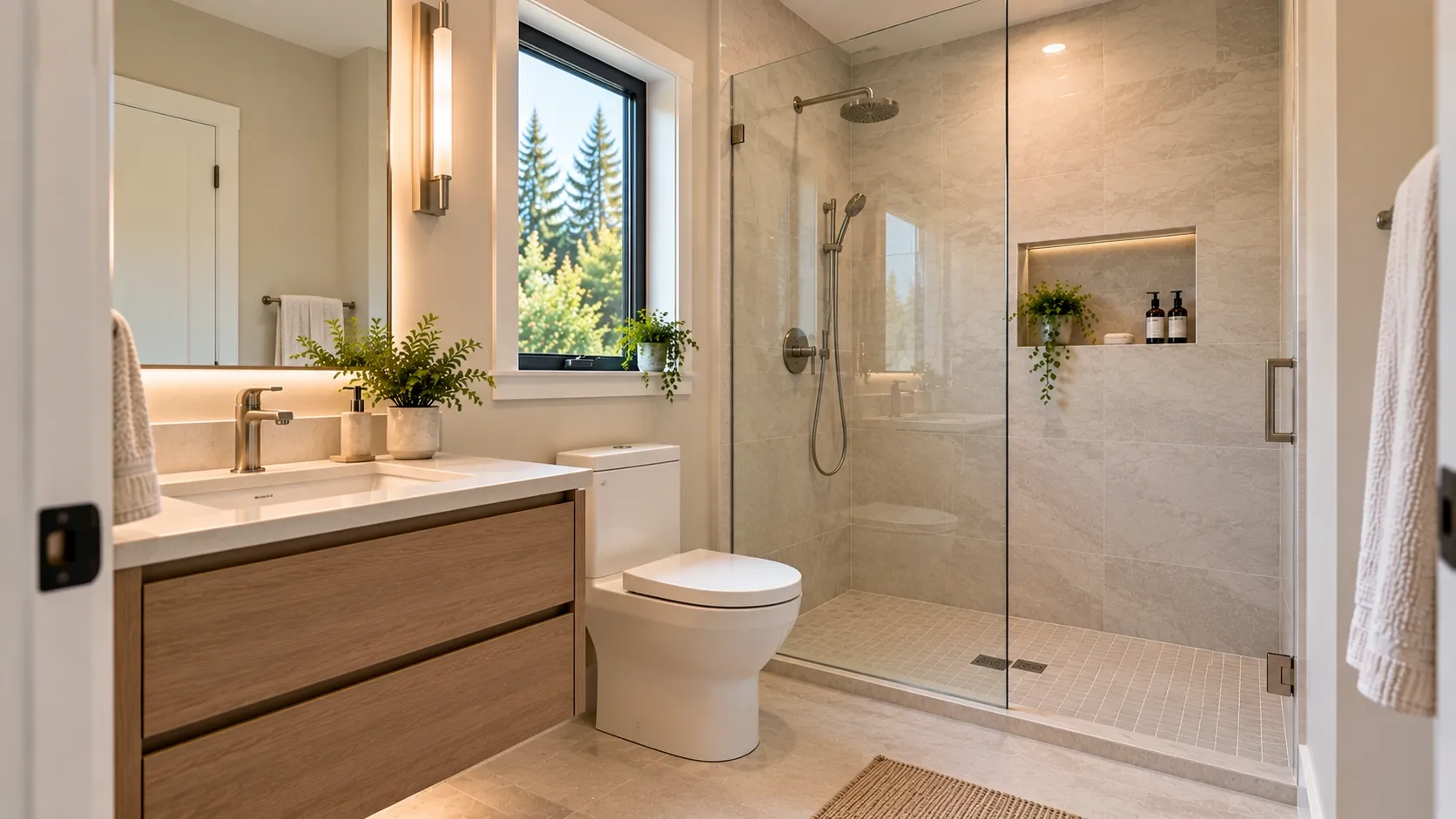 Small modern bathroom with a compact walk-in shower and clear glass enclosure.