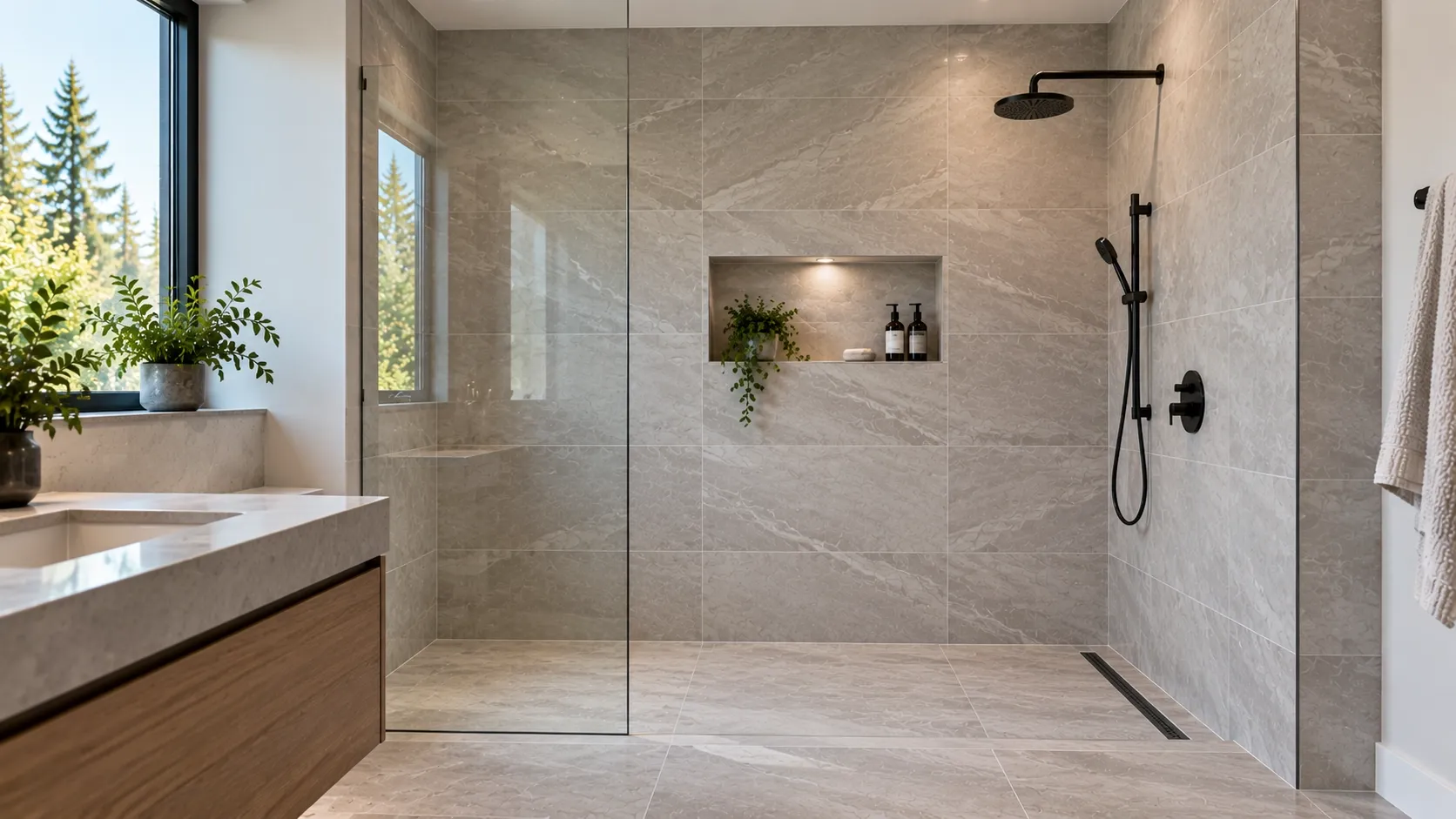 Minimalist walk-in shower with large-format porcelain tiles and modern fixtures.
