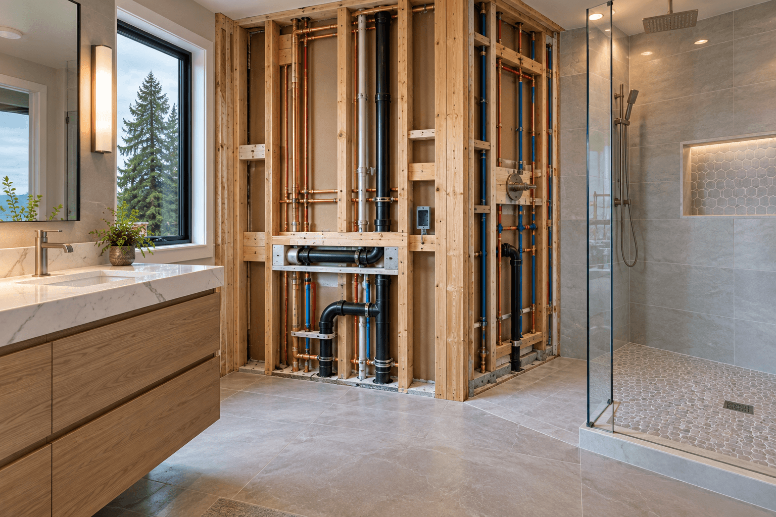 Bathroom renovation showing plumbing lines for a Seattle remodeling project
