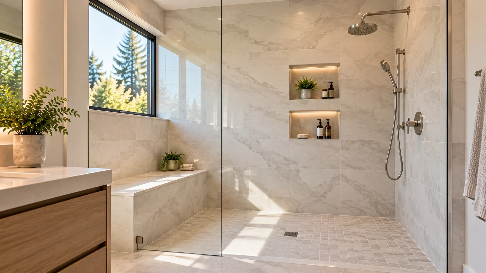 Walk-in shower with a built-in tiled bench and recessed storage niches.