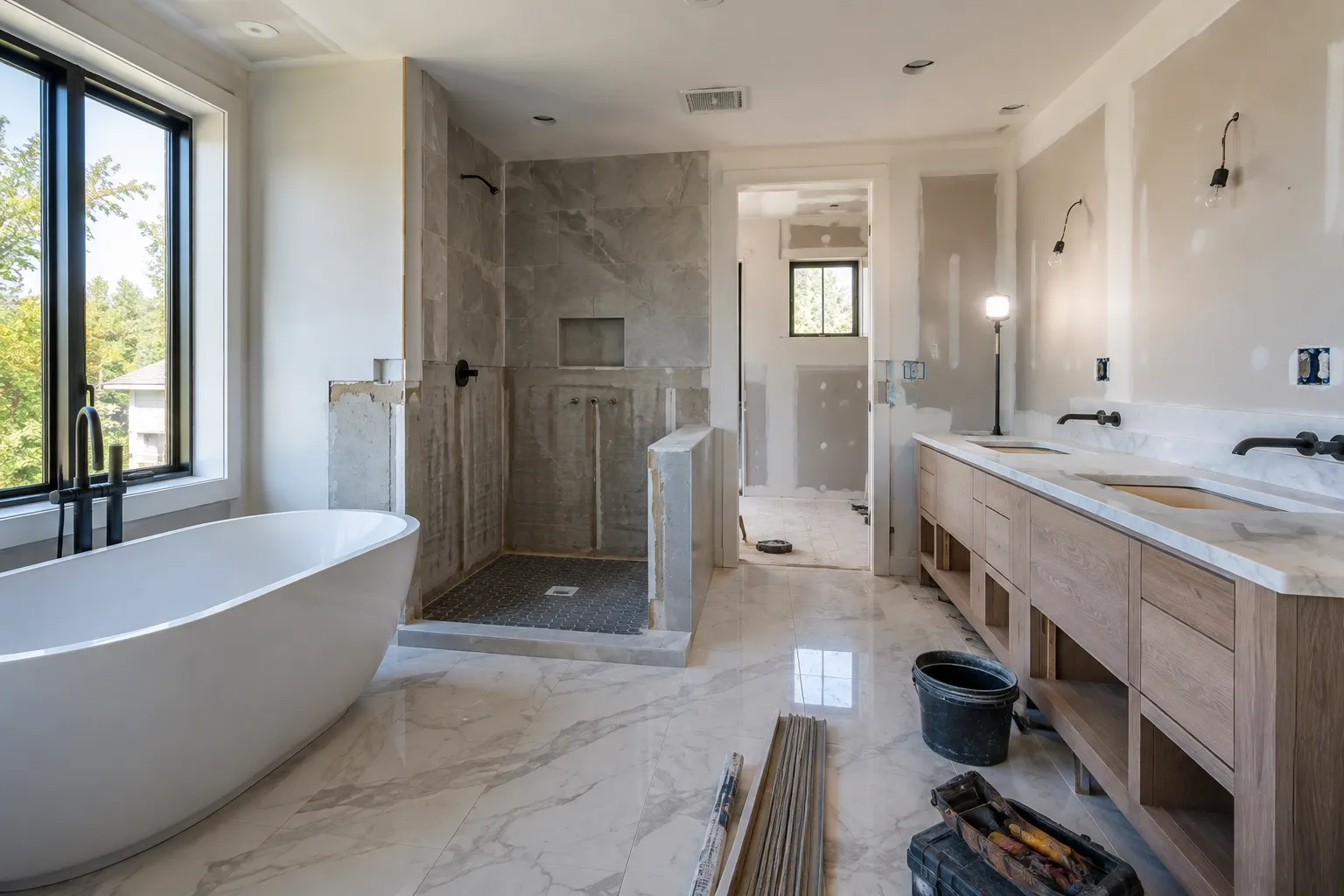 Bathroom remodeling process during installation phase