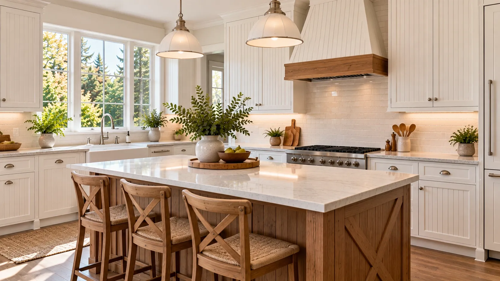 White beadboard kitchen cabinets with vertical grooves and farmhouse styling.