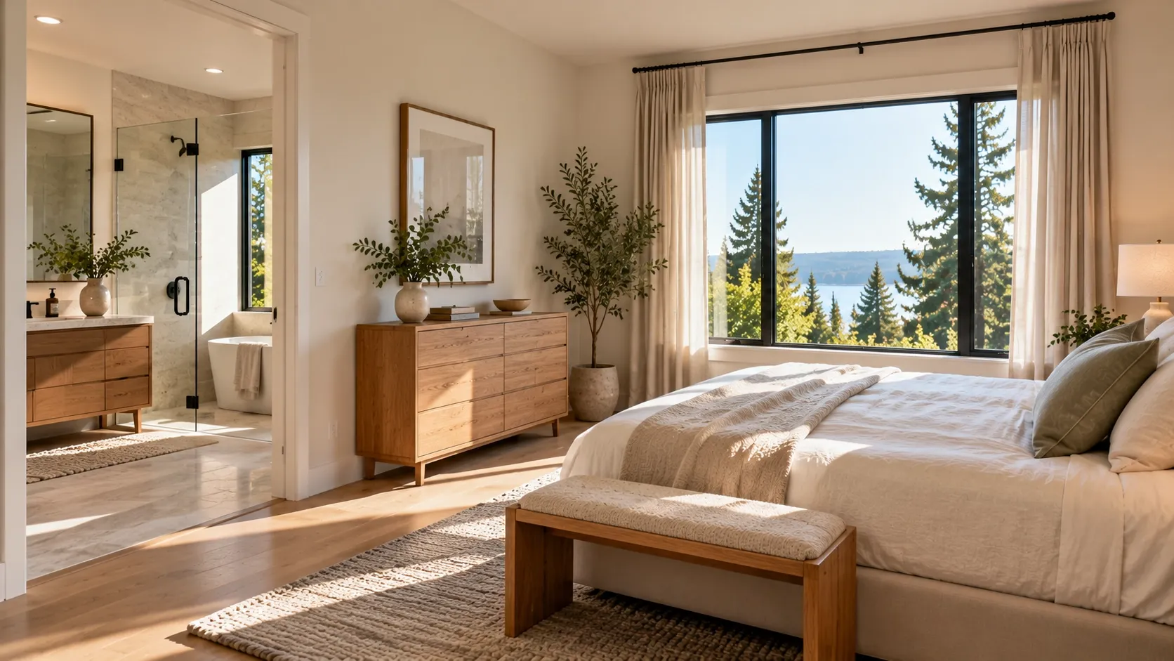 Bright bedroom with freshly painted walls, natural wood furniture, and soft daylight.