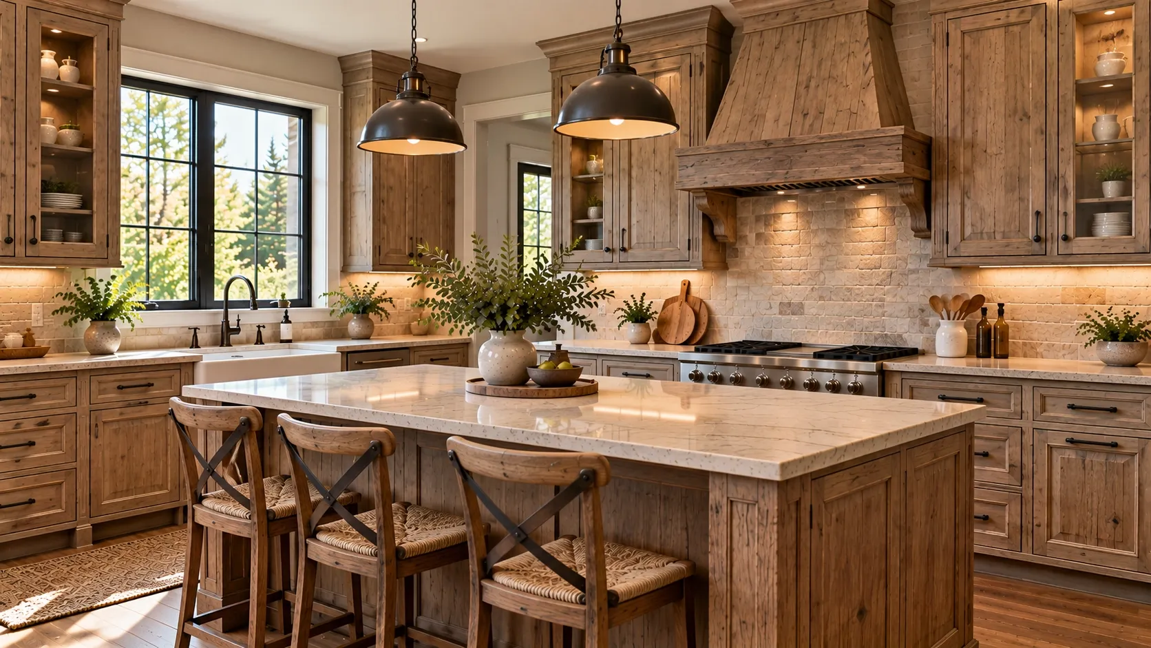 Rustic kitchen cabinets with weathered wood finishes and farmhouse details.