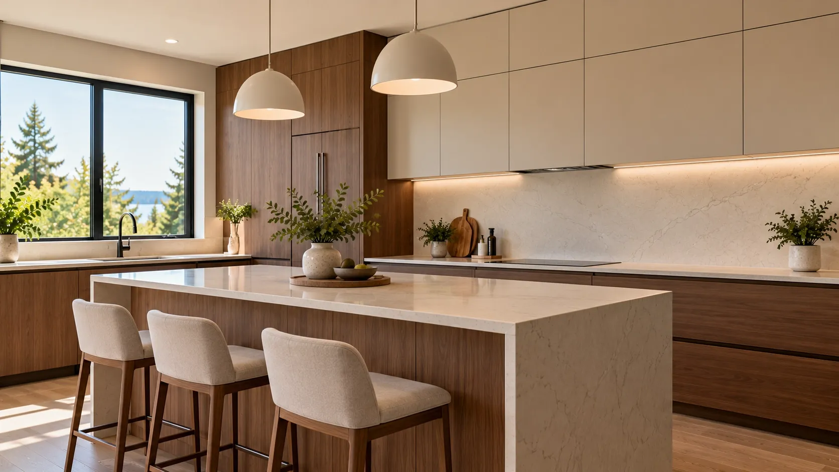 Modern kitchen with smooth flat-panel cabinets and minimalist hardware.