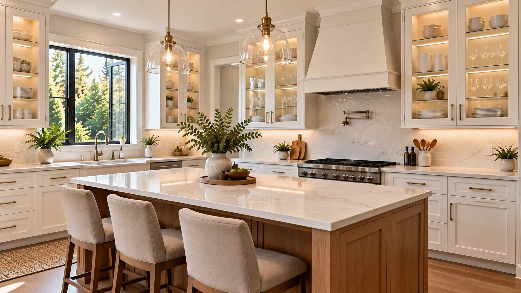 Glass-front kitchen cabinets displaying neatly arranged dishes and glassware.