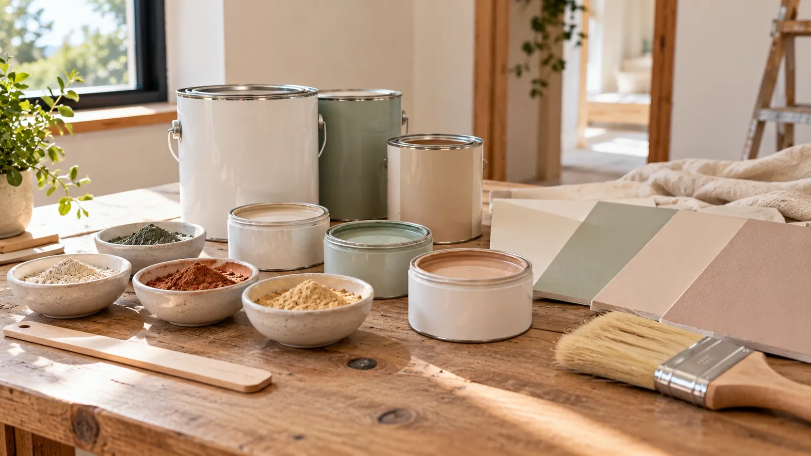 Paint samples, mineral pigments, and painting tools arranged on a wooden work surface.