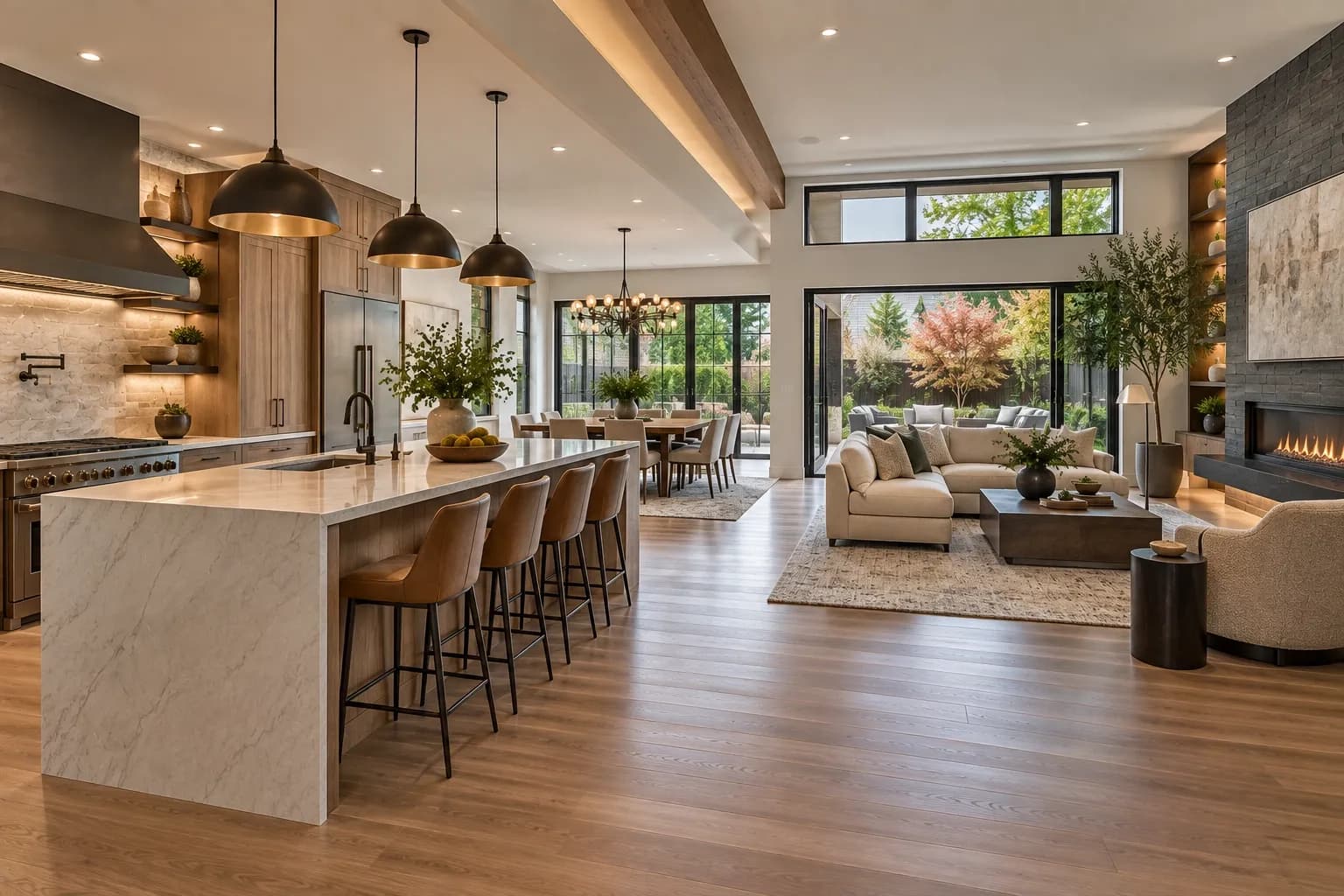 Open concept kitchen, dining, and living areas with cohesive luxury finishes