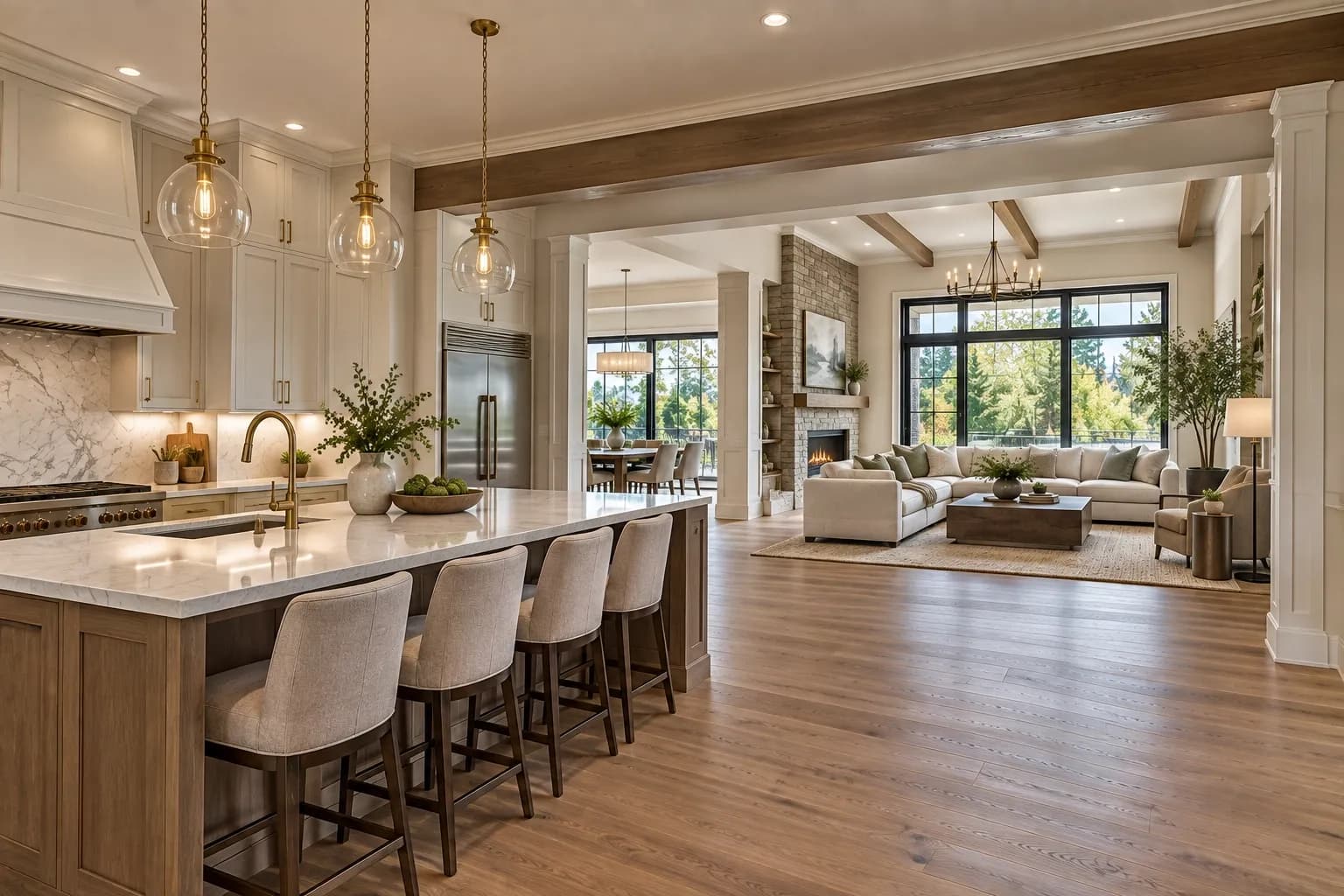 Structural opening connecting a remodeled kitchen and living area
