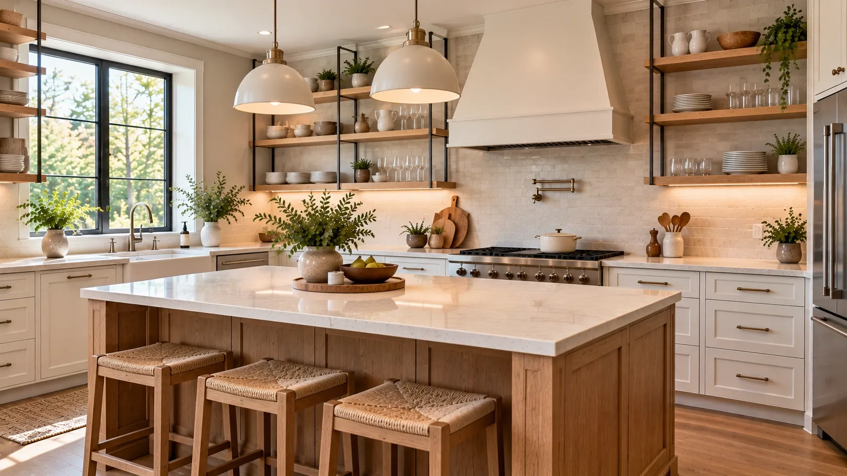 Modern kitchen with open wood shelves and open-frame cabinet storage.