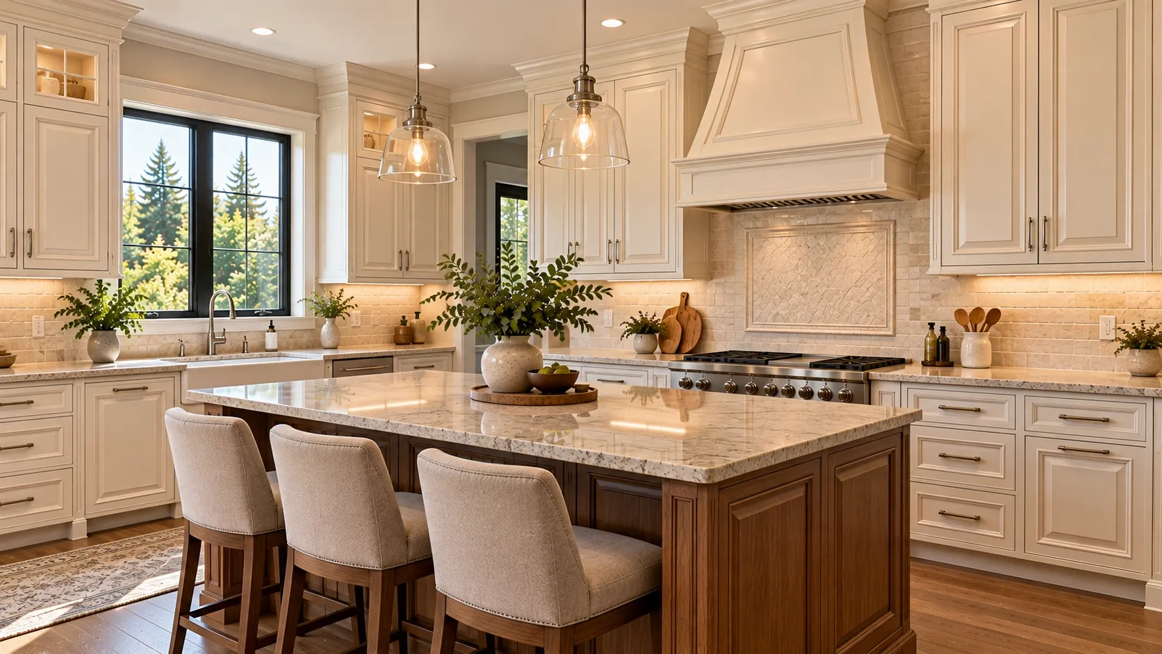 Traditional kitchen cabinets with raised center panels and decorative trim