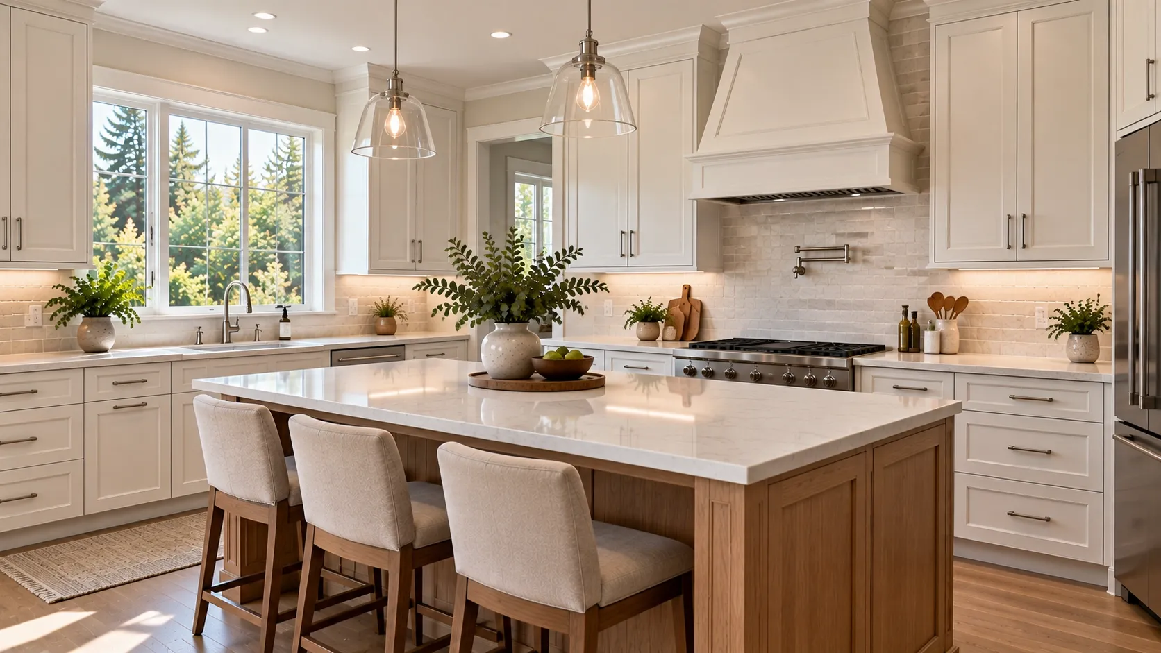 Recessed-panel kitchen cabinets with framed doors and a neutral finish.