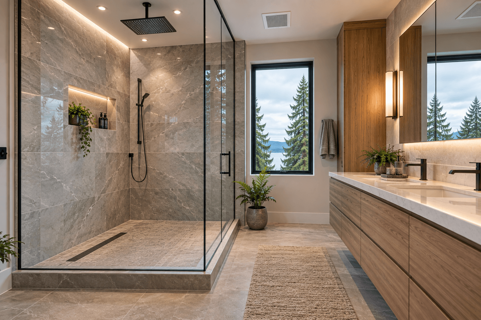 Modern Seattle bathroom with waterproof shower and integrated ventilation