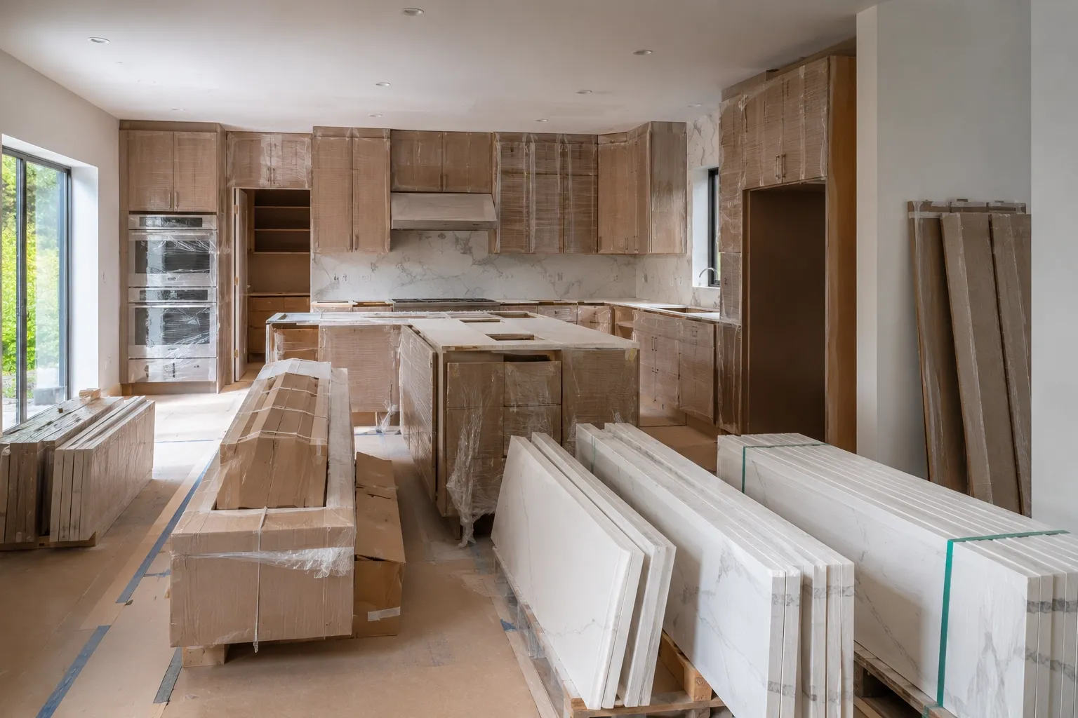 Custom materials awaiting installation during a Seattle kitchen remodel.