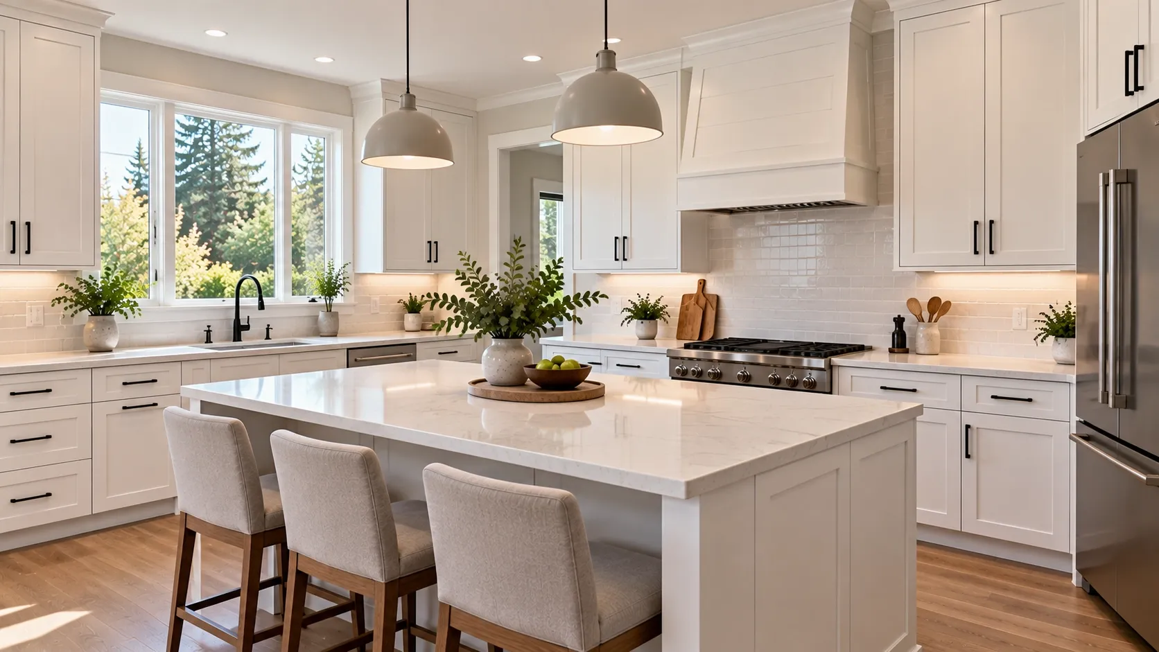 White Shaker kitchen cabinets with recessed center panels and black hardware.