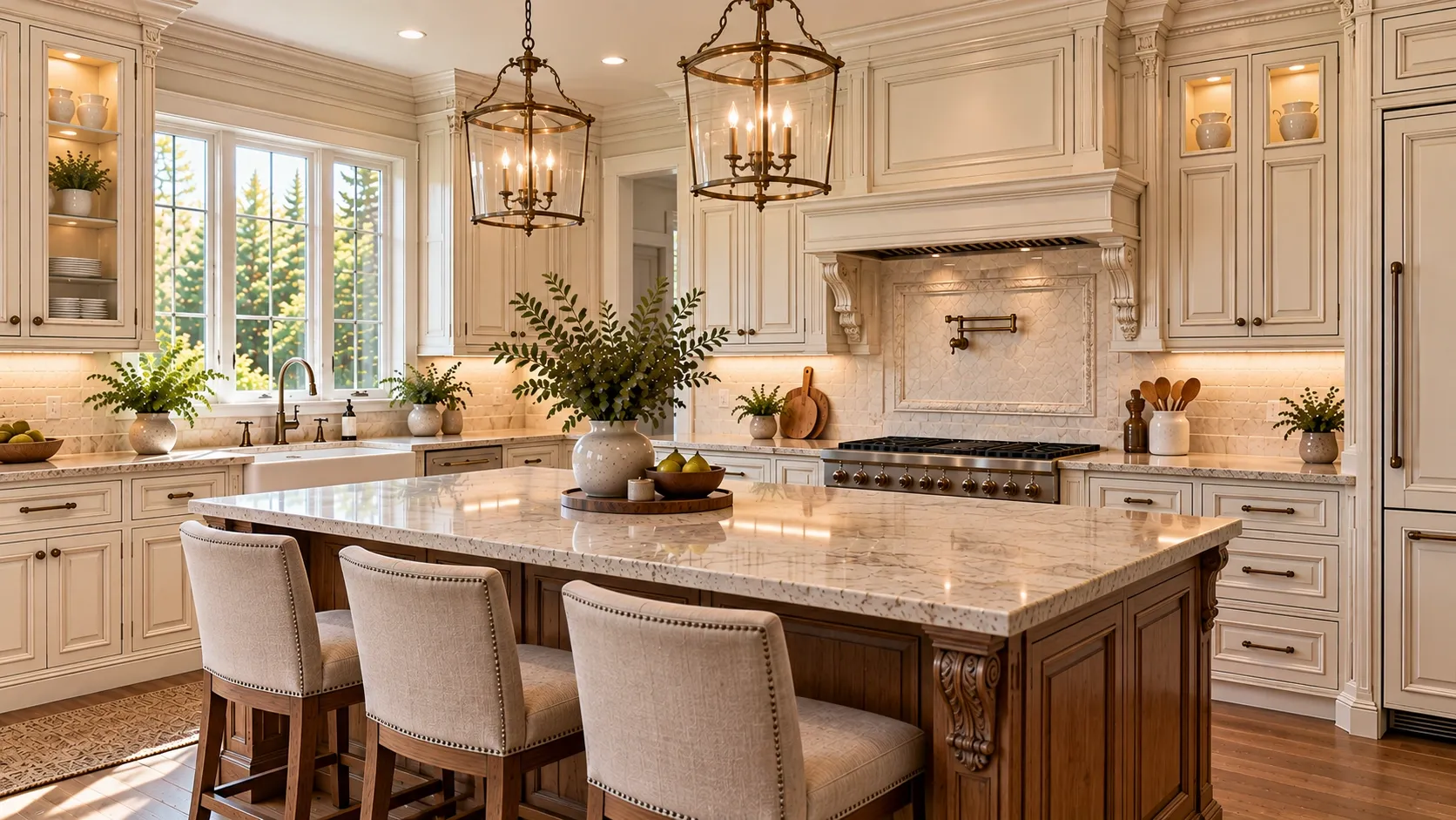 Traditional kitchen cabinets with decorative moldings and detailed door profiles.